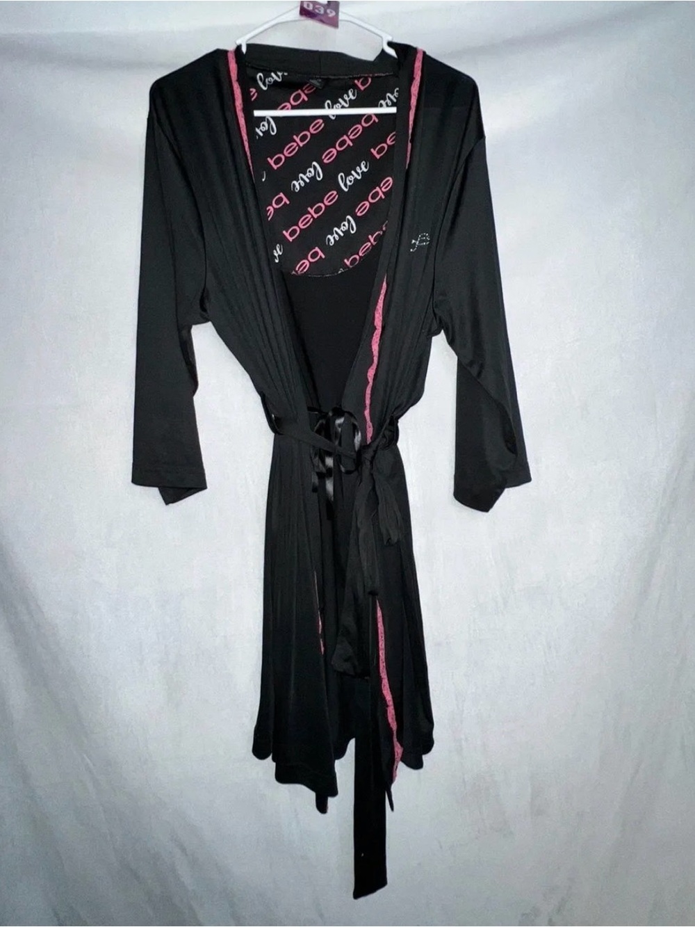 bebe 2x Black Robe with Pink Trim and Logo Lining
